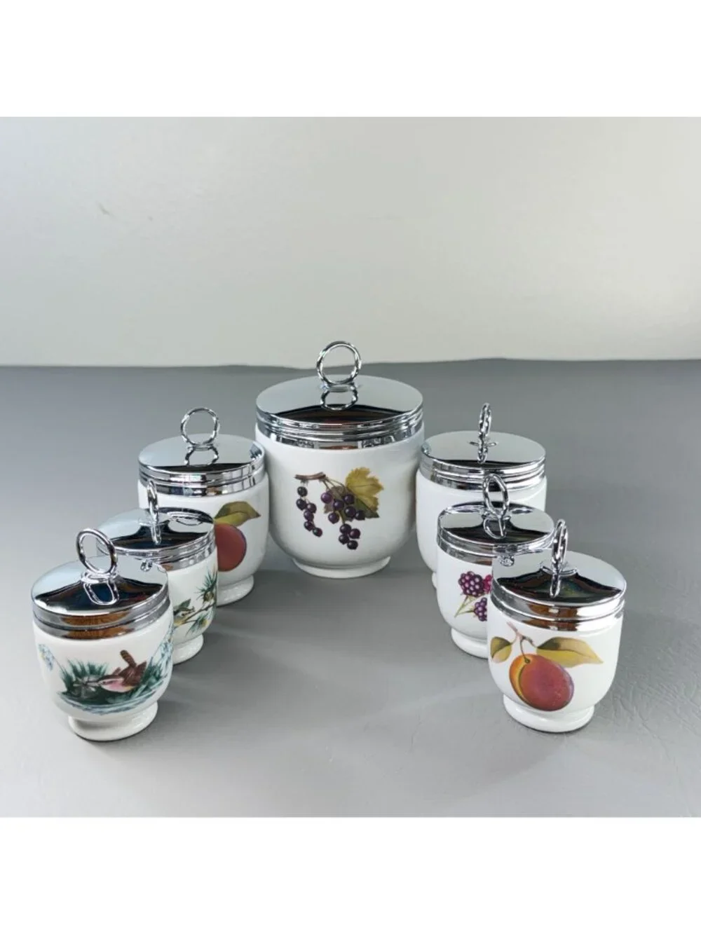Royal Worcester Porcelain Egg Coddler Set of 7 Chrome Lids England Birds Berry